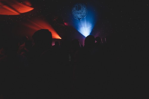 Silhouette of guests dancing to the Mobile Disco at Moxhull Hall in Wishaw, Sutton Coldfield